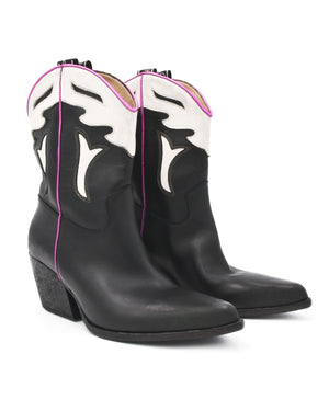 Women's Black & White Leather Western Ankle Boot