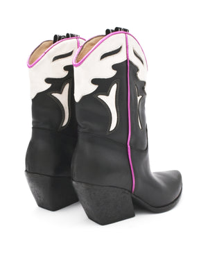 Women's Black & White Leather Western Ankle Boot