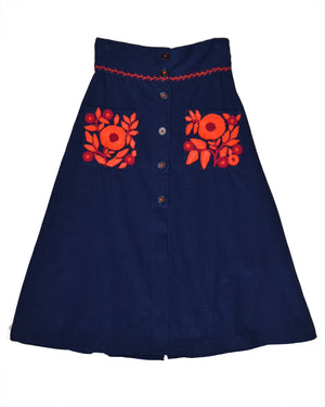 Thierry Colson Navy Corduroy Embroidered Floral Skirt